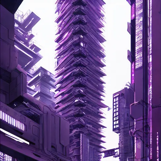 Image similar to Futuristic Concrete Dense Tokyo in style of Tsutomu Nihei in purple and black tones. ArtStation, Cyberpunk, vertical symmetry, 8K, Highly Detailed, Intricate, Album Art.