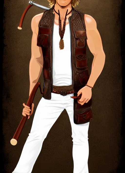 Image similar to a male ranger with a bongo drum and holding nunchaku, wearing a leather vest and white linen pants, chiseled good looks, long swept back blond hair, puka shell necklace, dnd, digital art