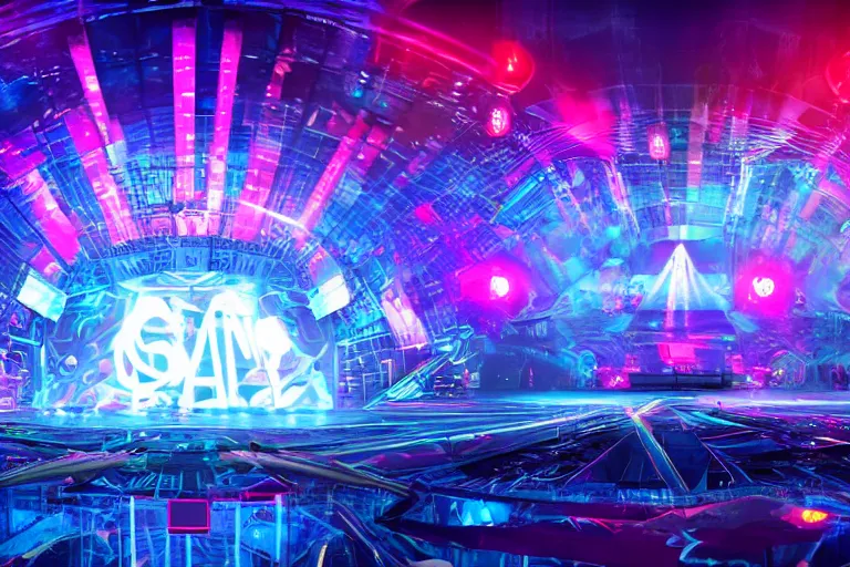 Prompt: a concert stage, big glowing letters over the stage tripmachine, center of the stage is a big futuristic steampunk generator surrounded by speaker towers, rock musicians on the stage, laser show, 8 k, fluorescent colors, halluzinogenic, multicolored, exaggerated detailed, unreal engine