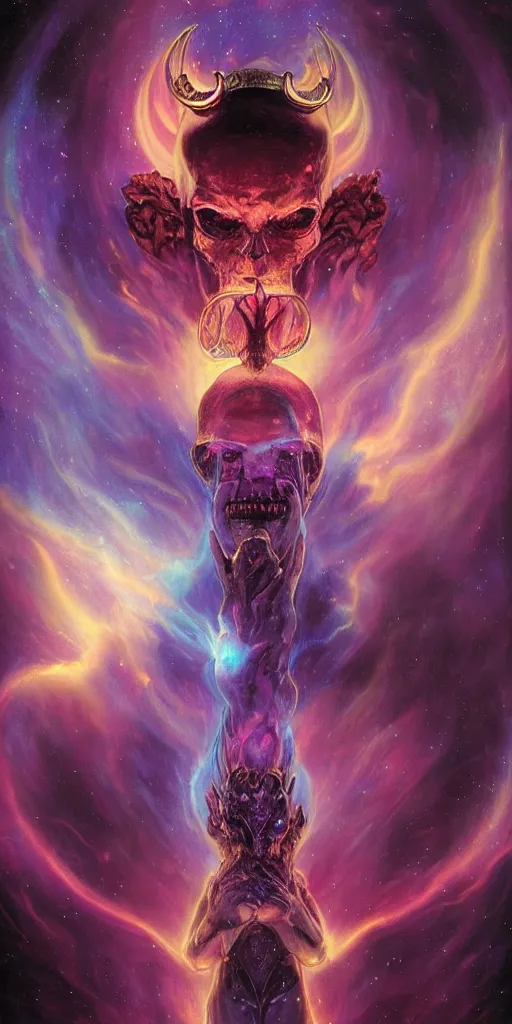 Image similar to intense glowing egyptian god with horns and intense black eyes with a skull on fire in very dark cosmic nebula by artgerm and beksinski and alphonse mucha, portrait, fantasy, clear, light beams, lens flare, intense, uhd, amazing depth, cinematic lighting, black and purple and shining gold