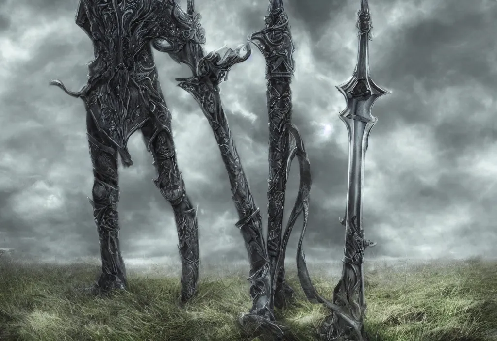 Prompt: Excalibur sword stuck in the ground, 4k ultra hd, fantasy dark art