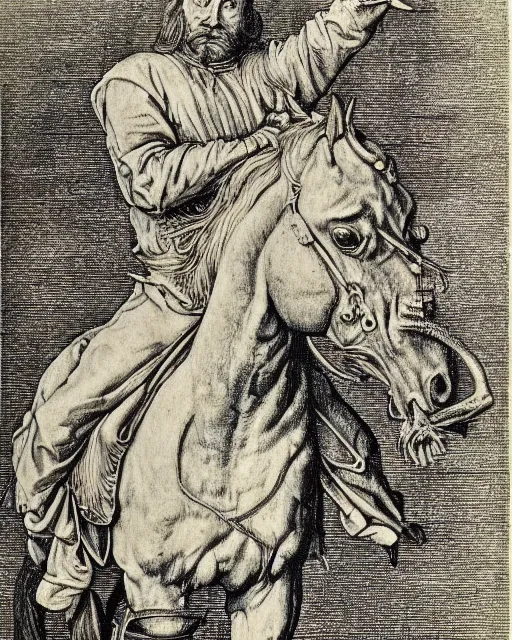 Prompt: man on horse, fine details, photorealistic, intricate complexity, extremely detailed, very sharp, in the style of albrecht durer,