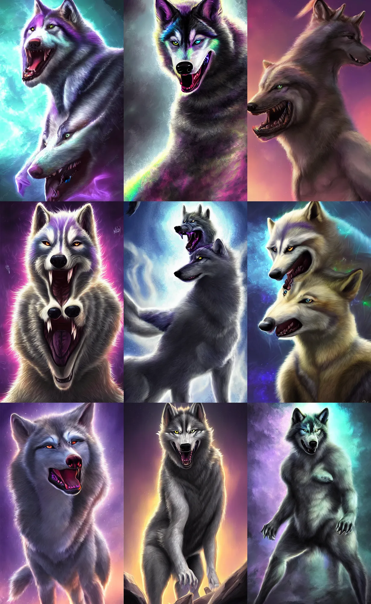 Prompt: young male transforming into a werehusky, digital art, rich iridescent colors, d & d, very detailed, 8 k hd, trading card fond, futuristic