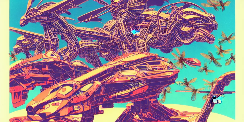 Image similar to risograph rendition, gigantic mecha arzach birds with dragonflies, tiny rats, a lot of exotic animals around, big human faces everywhere, helicopters and tremendous birds, by satoshi kon and moebius, matte colors, surreal psychedelic design, crispy, super - detailed, a lot of tiny details, fullshot