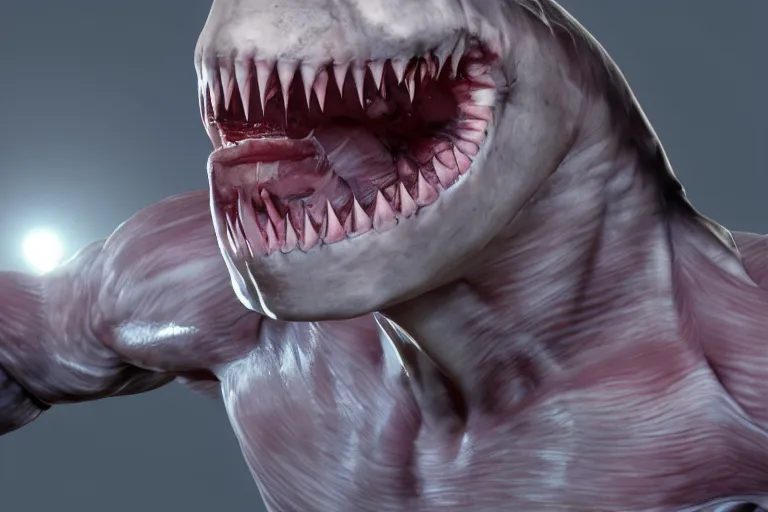 Image similar to a humanized shark made of muscles and flesh, very angry, teeth, ambient light, terror, glows, realistic, photo-realism, hyper realism, picture, detailed, 3D render, scary, distant shot, in the distance,