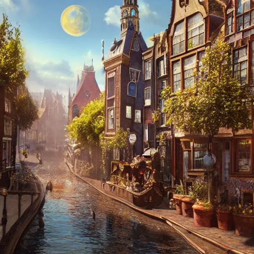 Prompt: a lively magical town inspired by victorian england and amsterdam, sunny weather, highly detailed, intricate, digital painting, trending on artstation, concept art, matte painting, art by greg rutkwowski, craig mullins, octane render, 8 k, unreal engine