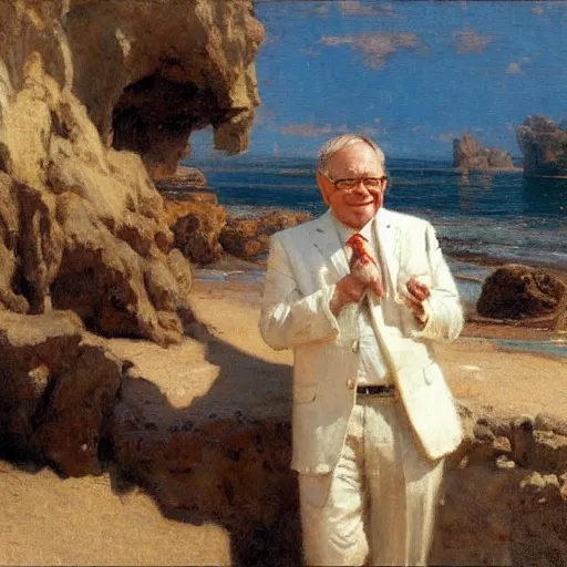 Image similar to detailed cinematic shot of warren buffet with white clothes in the mediterranean beach, spring light, painting by gaston bussiere, craig mullins, j. c. leyendecker