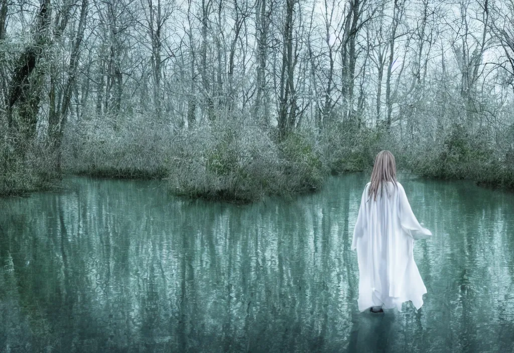 Prompt: digital art of a female figure walking in the middle of a lake wearing ethereal white clothing. lush nature. blue tint.