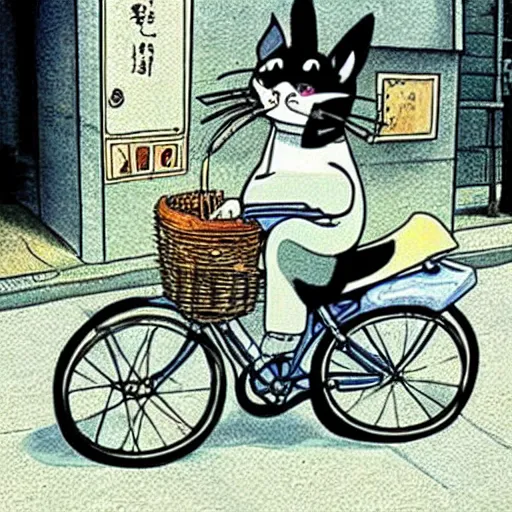 Image similar to “ angry cat wearing a suit riding a bike, studio ghibli, spirited away, anime, by hayao miyazaki ”