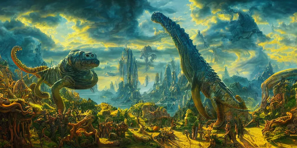 Prompt: fantasy oil painting, great leviathan, cybernetic turtle cephalopod terrapin reptilian pachyderm squid, bella hadid, hybrid, milla jovovich, anubis epic islamic city, natural light, lush plants flowers, spectacular mountains, bright clouds, luminous sky, outer worlds, golden hour, michael cheval, edward hopper, michael whelan, hd