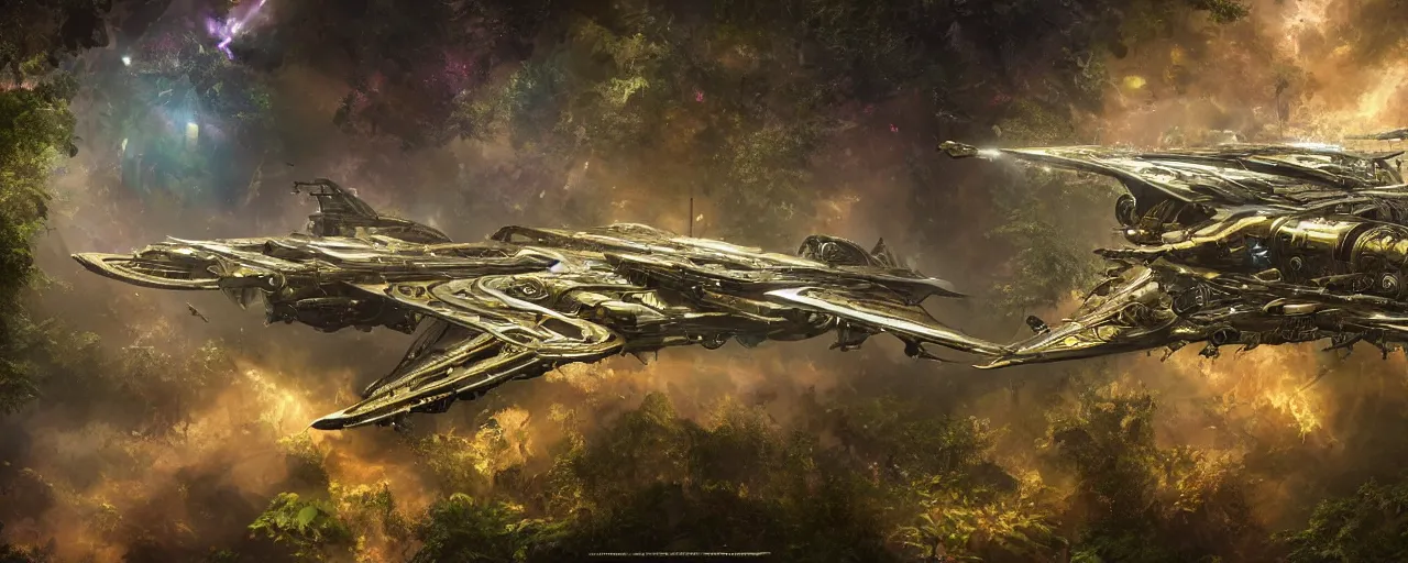 Prompt: a futuristic scientific flying steampunk fighter ship elegant, smooth, ornate with gold trimmings, by Craig Mullins and Scott Robertson, large steampunk space port inside a lush rainforest background by Dylan Cole and federico pelat, cinematic dappled lighting, hyper detailed hyper detailed, 8k, ultra realistic, cinematic lighting, ultra wide 35mm lens