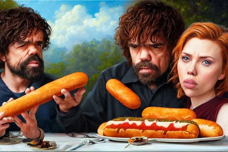 Image similar to portrait of peter dinklage sharing hotdogs with scarlett johansson, an oil painting by ross tran and thomas kincade