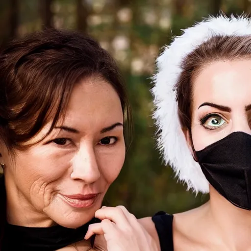 Prompt: An extremely beautiful foxy woman takes a mask of another woman