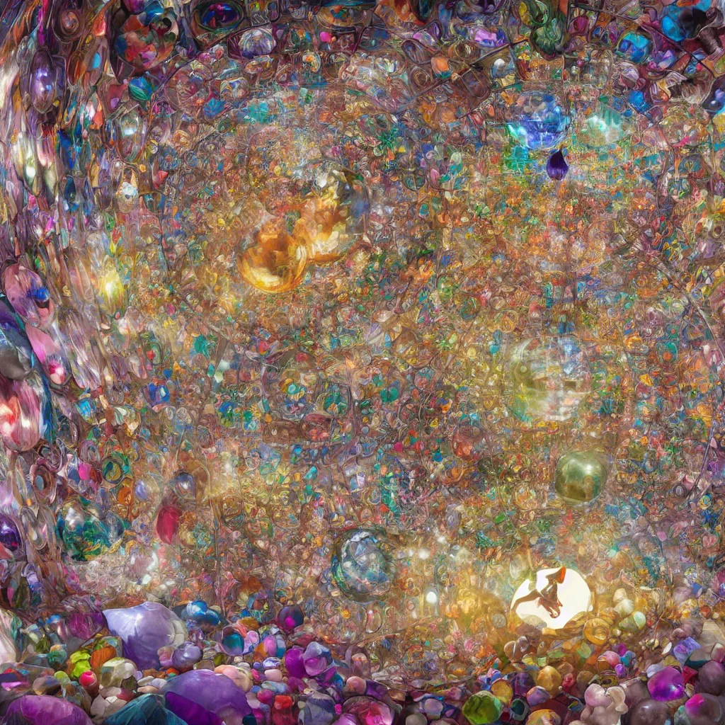 Prompt: inside a sphere with colorful wall panels made of crystals, interconnected, 360 degree view, 4k, HQ, hyper realistic, octane render, colorful, vibrant, detailed venetian glass, by james jean, brian froud, ross tran, alphonse mucha, Olafur Eliasson