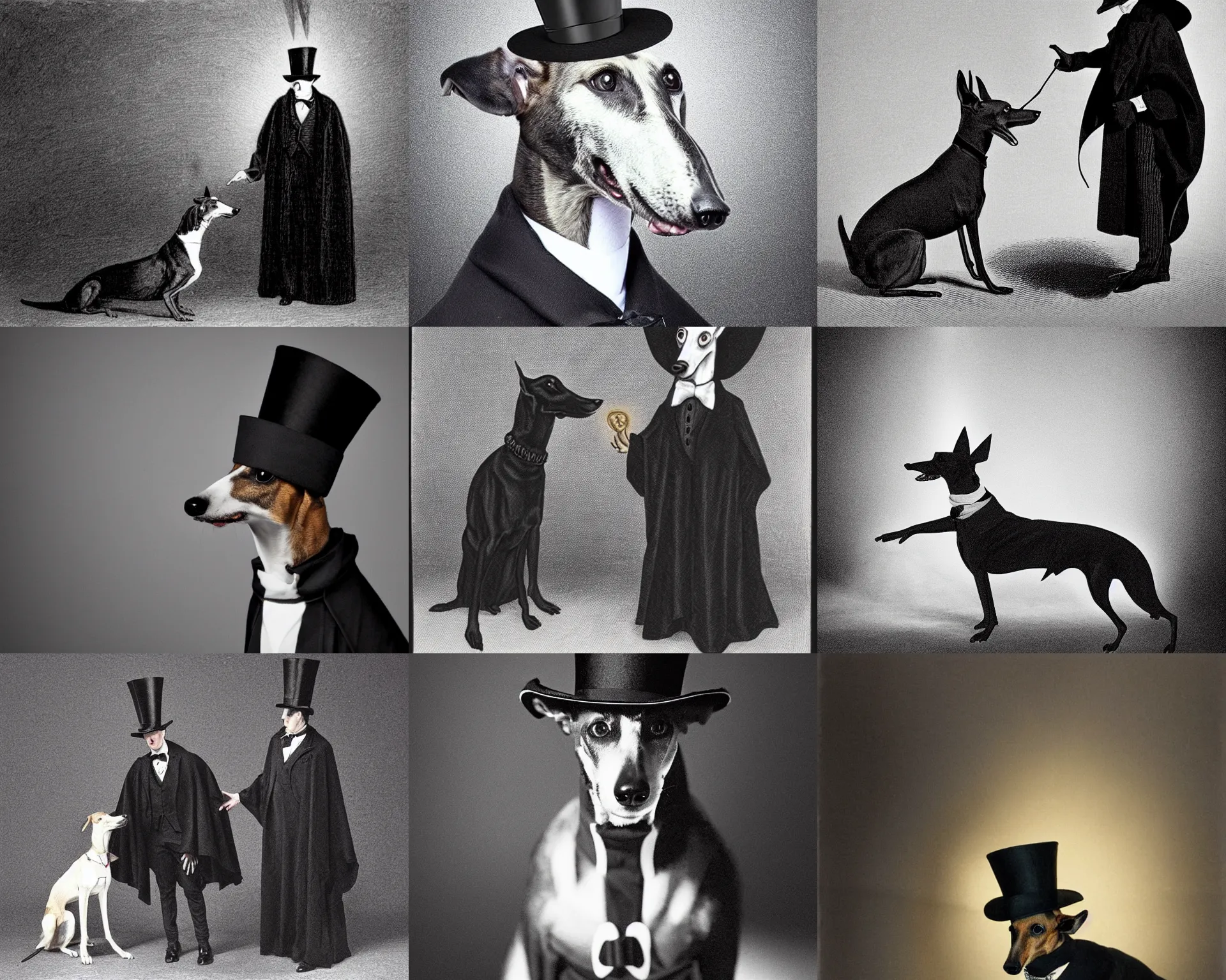 Prompt: greyhound wearing a black cloak and a top hat under a spotlight, magician dog