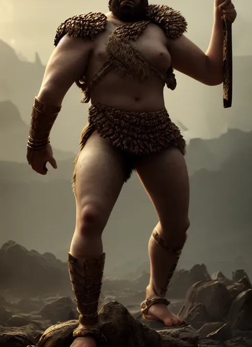 Prompt: full body hyper realistic illustration of Ibai Llanos as a spartan hoplite hero, big guy and big belly, perfect facial symmetry + dim volumetric lighting, 8k octane beautifully detailed render, post-processing, extremely hyperdetailed, intricate, epic composition, grim yet sparkling atmosphere, cinematic lighting + masterpiece, trending on artstation