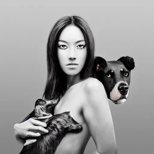 Image similar to ultra mega super hyper realistic Full lenght view contemporary art photography of highly detailed woman with highly detailed face walking with a highly detailed dog . Photo on Leica Q2 Camera lens angle 200mm, Rendered in VRAY and DaVinci Resolve and MAXWELL and LUMION 3D, Volumetric natural light