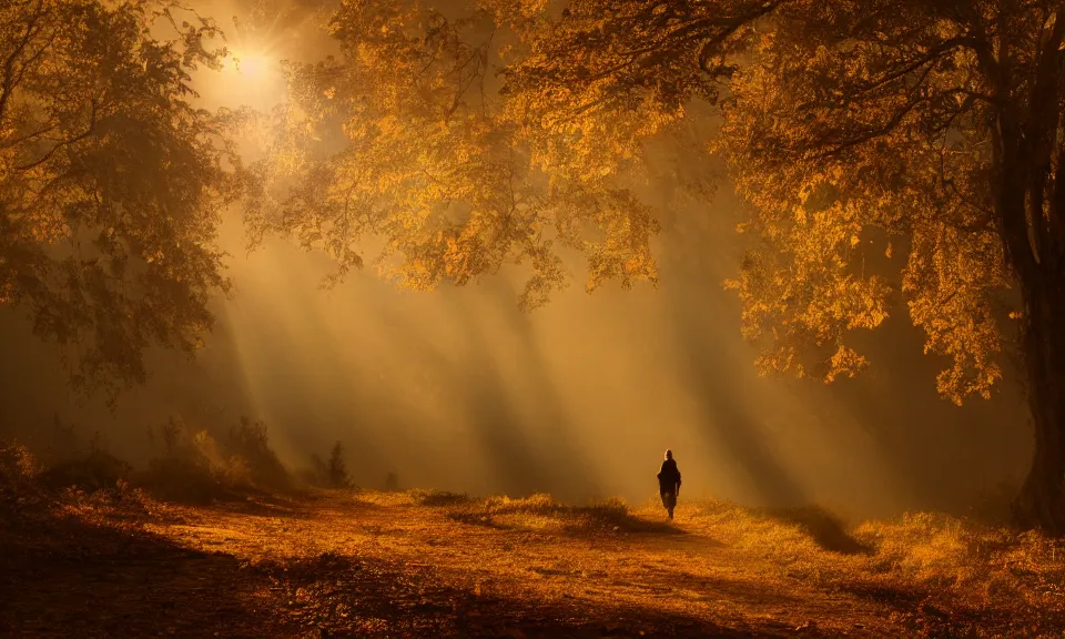 Prompt: A matte painting of an adventurer walking along the river bank in a forest during the golden hour in autumn, surrounded by dust and volumetric light shining through the tree tops