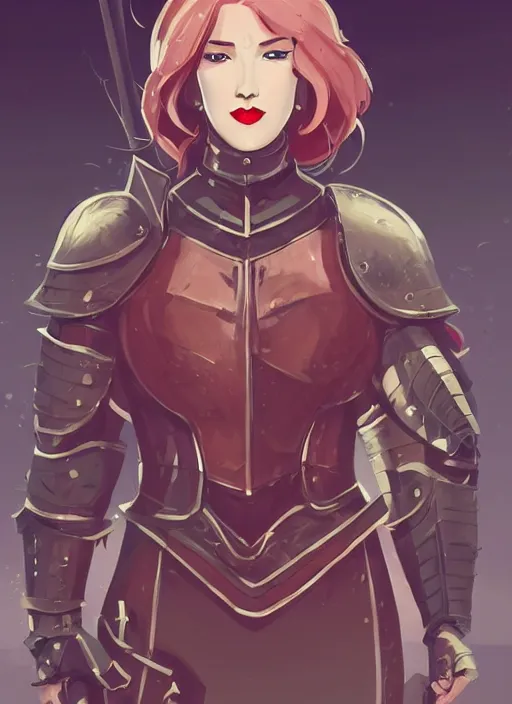 Image similar to a young woman in full plate armor with beautiful hair and red lips stages in a dramatic pose. she is a knight. clean cel shaded vector art. shutterstock. behance hd by lois van baarle, artgerm, helen huang, by makoto shinkai and ilya kuvshinov, rossdraws, illustration, art by ilya kuvshinov