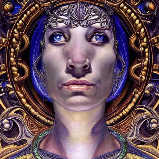 Prompt: masterpiece baroque neoclassicist closeup renaissance portrait of an art deco witch, glowing eyes. reflective detailed textures, highly detailed fantasy science fiction painting by annie swynnerton, and jean delville and nicholas roerich and peter mohrbacher and evelyn de morgan, elaborate geometric ornament, ancient runes, silver and cool colors. artstation