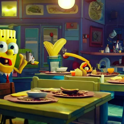 Image similar to hyperrealistic spongebob eating at the krusty krab, stunning 3 d render inspired by istvan sandorfi & greg rutkowski, perfect symmetry, dim volumetric cinematic lighting, 8 k octane comprehensive render, extremely hyper - detailed attributes & atmosphere, intricately proportional, realistic flesh texture, masterpiece, artstation, stunning,