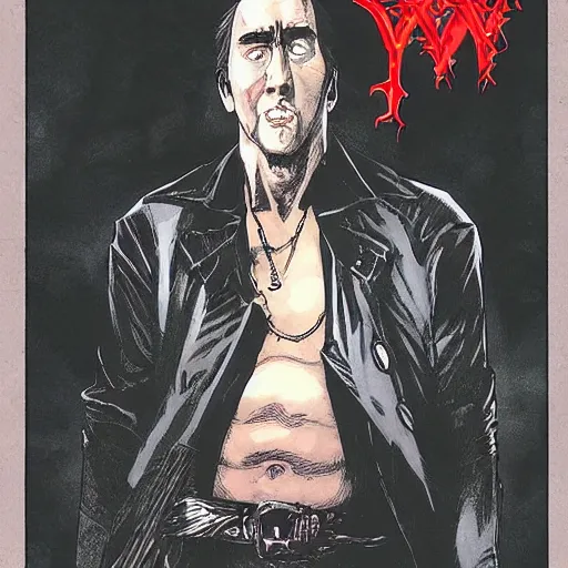 Image similar to Vampire Hunter Nicolas Cage esoteric graphic novel illustrated by Yoshitaka Amano written by Fred Durst