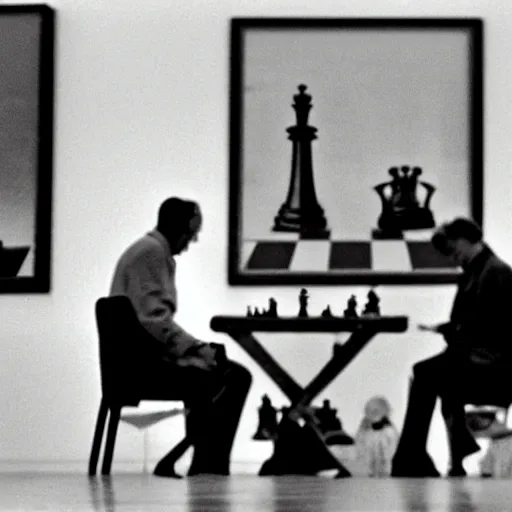 Prompt: a filmstill of Marcel Duchamp playing chess, reuters by Trent Parke