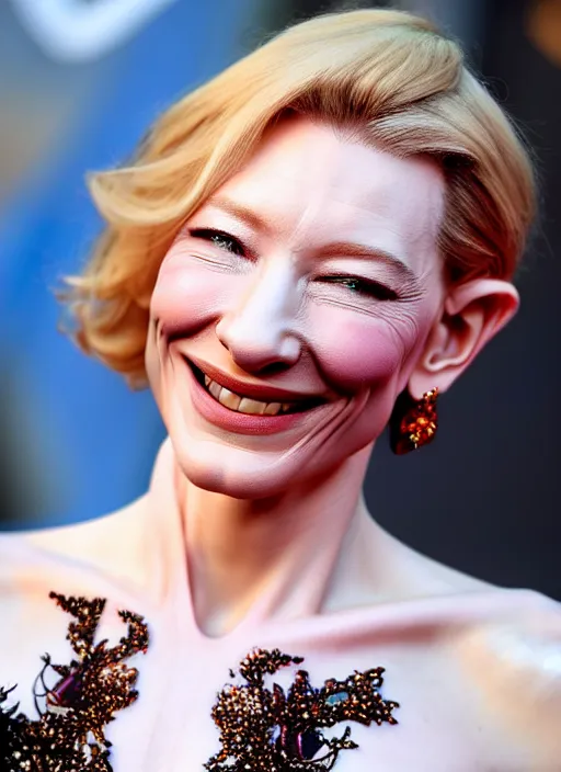 Prompt: beautiful stunning glorious high definition photograph of happy cate blanchett wearing a catsuit intricate, elegant, highly detailed, smooth, sharp focus,