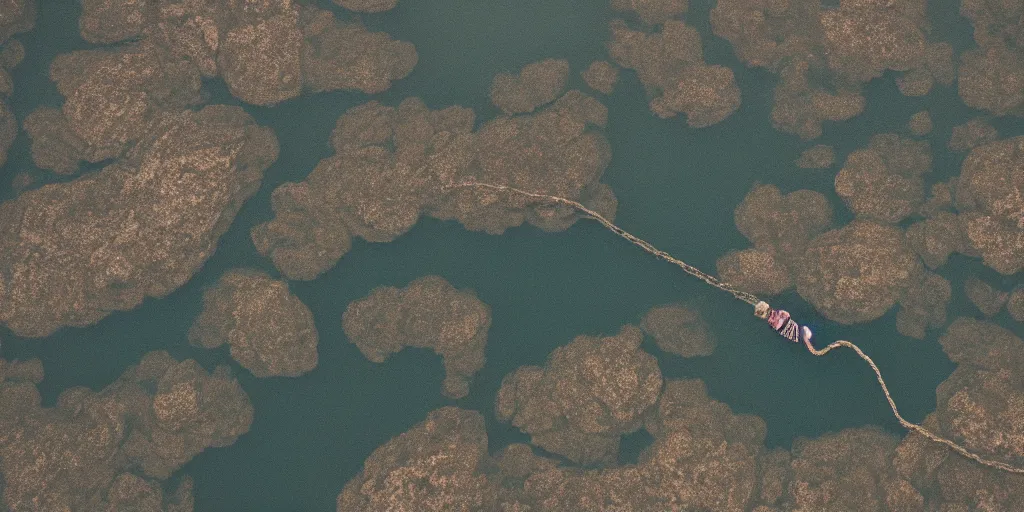 Prompt: an infinitely long rope floating to surface of water snaking zig zag in the center of the lake, overcast lake, 2 4 mm leica anamorphic lens, moody scene, stunning composition, hyper detailed, color kodak film stock