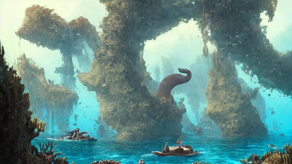 Image similar to A diver is under the sea, he has a treasure with him, he is swimming away from the giant Nessie that is behind hunting him, this is an extravagant planet with wacky wildlife and some mythical animals, the background is full of ancient ruins, the ambient is vivid with a terrifying atmosphere, by Jordan Grimmer digital art, trending on Artstation,