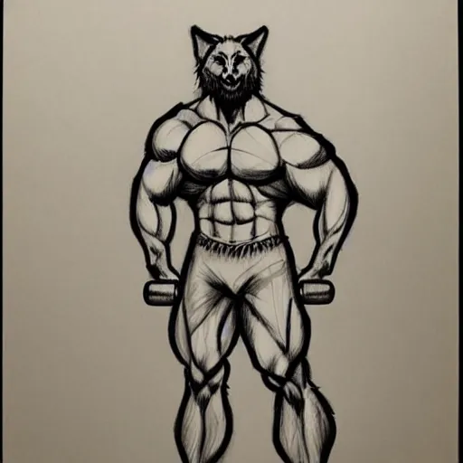 Image similar to master furry artist pen napkin sketch full body portrait character study of the anthro male anthropomorphic wolf fursona animal person wearing gym shorts bodybuilder at gym