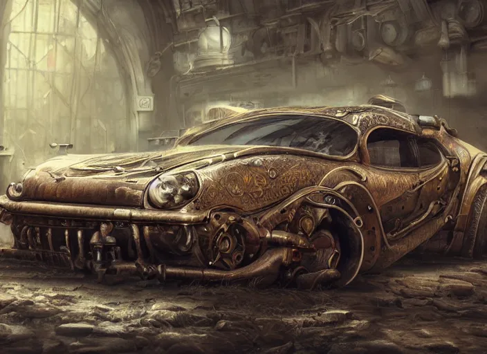 Image similar to detailed concept art illustration oil painting of a steampunk muscle car in full intricate detail, ultra detailed, digital art, octane render, 4K, dystopian, micro details