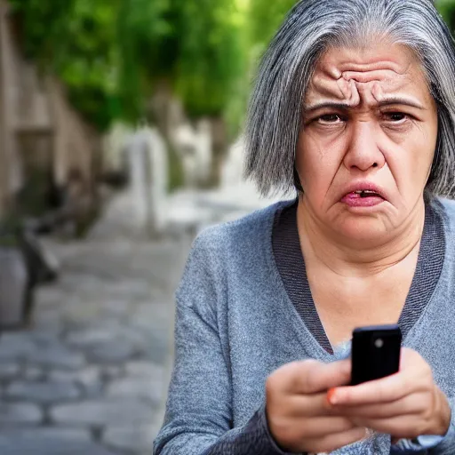 Image similar to astonished and angry middle aged lady looking at smartphone, unsure expression, uncombed hair, greek ethnicity, thin face structure, straight grey hair, angry eyes, photo, realistic, outdoor lighting, 4 k, 8 k, hd, 3 9 mm lens