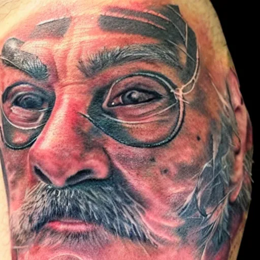 Prompt: an ultra realistic 8 k hdr photo of an award winning healed color tattoo of a rat on an old man ’ s face