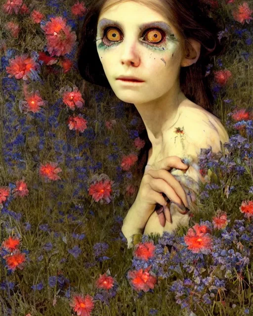 Prompt: a pretty but sinister and creepy goblin in layers of fear, with haunted eyes, violence in her eyes, 1 9 7 0 s, seventies, delicate embellishments, a little blood, kingaroy, blue dawn light shining on wildflowers, painterly, offset printing technique, by walter popp, alexandre cabanel