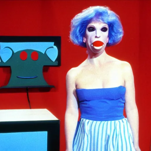 Image similar to 1983 sad woman on a talk show show with a long prosthetic snout nose, big nostrils, wearing a dress, 1983 French film color archival footage color film 16mm Fellini Almodovar John Waters Russ Meyer movie still