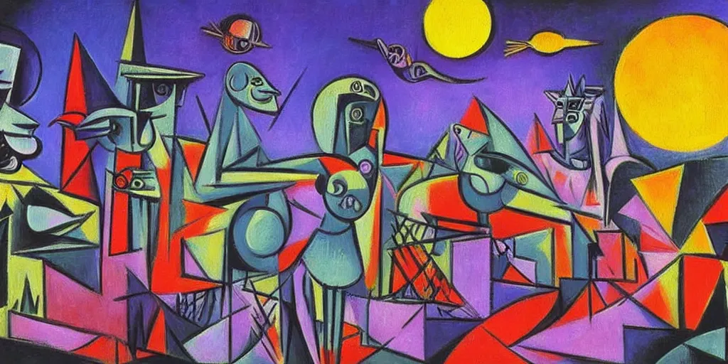 Prompt: A painting made by Picasso of a futuristic vaporwave city with humanoid animals wearing cyberpunk clothes, two suns, four colored moons, at night.