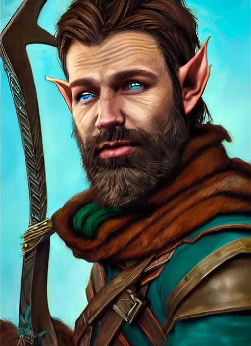 Image similar to A striking epic realism comic book style portait painting of an arrogant half-elf ranger, teal tunic, teal headband, shaggy brown hair, scruffy beard, holding crossbow, D&D Concept Art, unreal 5, DAZ, hyperrealistic, octane render, cosplay, RPG portrait, dynamic lighting