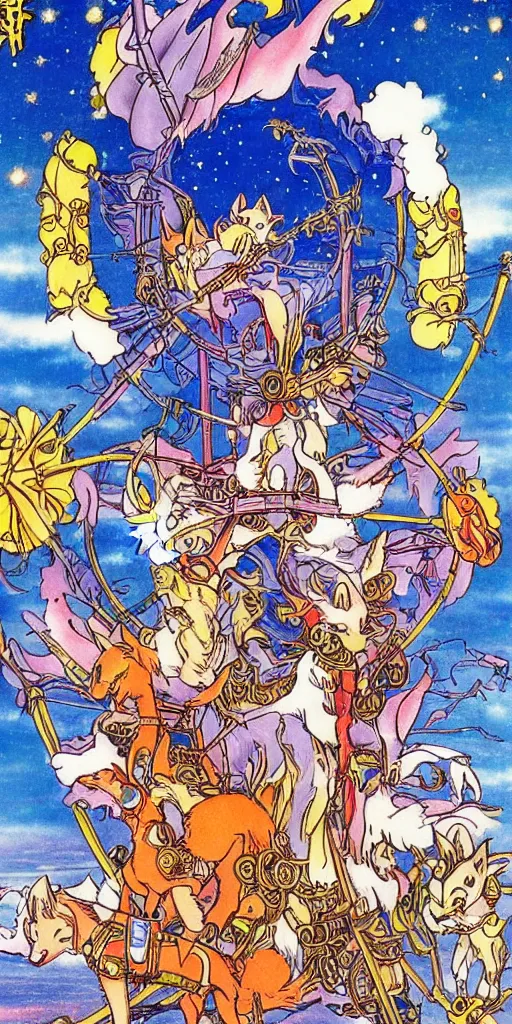 Image similar to a mystical chariot drawn by foxes in japan, 1990s anime, full color, tarot card the chariot,