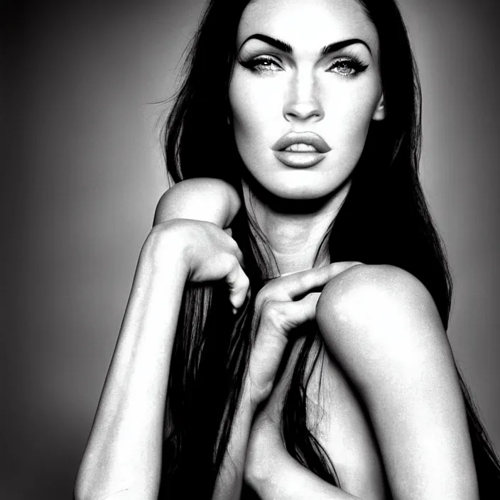 Prompt: photography face portrait of a beautiful woman like megan fox, black and white photography portrait, skin grain detail, high fashion, studio lighting film noir style photography, by richard avedon, and paolo roversi, nick knight, hellmut newton, nobuyo araki, on a tropical wallpaper exotic patern background