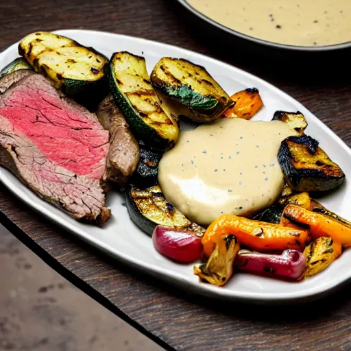 Prompt: delicious 3 2 mm zoomed in adversities photography of a large seared and smoked and seasoned steak well done, with a side seasoned grilled vegetables top in a creamy mozzarella cheese sauce, on a hot platter, very delicious