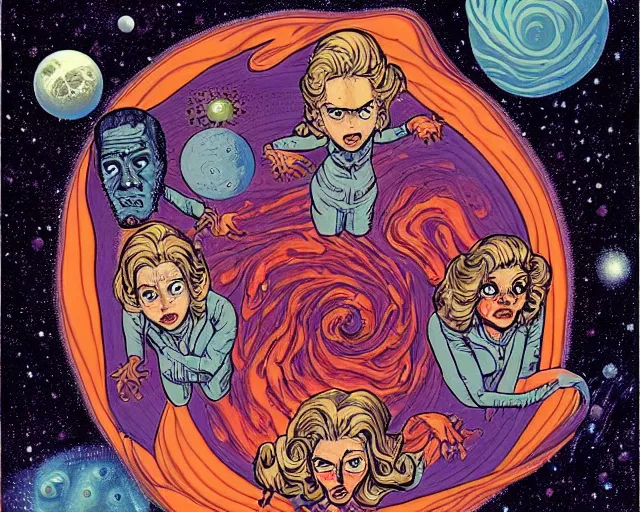 Prompt: the cast of izombie floating in a spiral galaxy, cosmic horror painting, elegant intricate digital painting artstation concept art by basil wolverton by robert crumb by william eggleston detailed