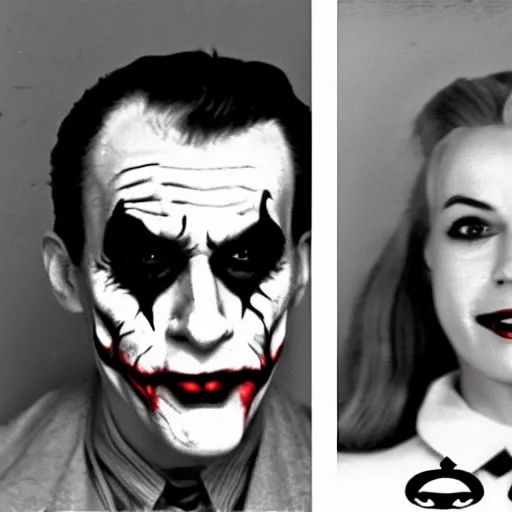 Image similar to 1960 black and white mug shot of The Joker and Harley Quinn