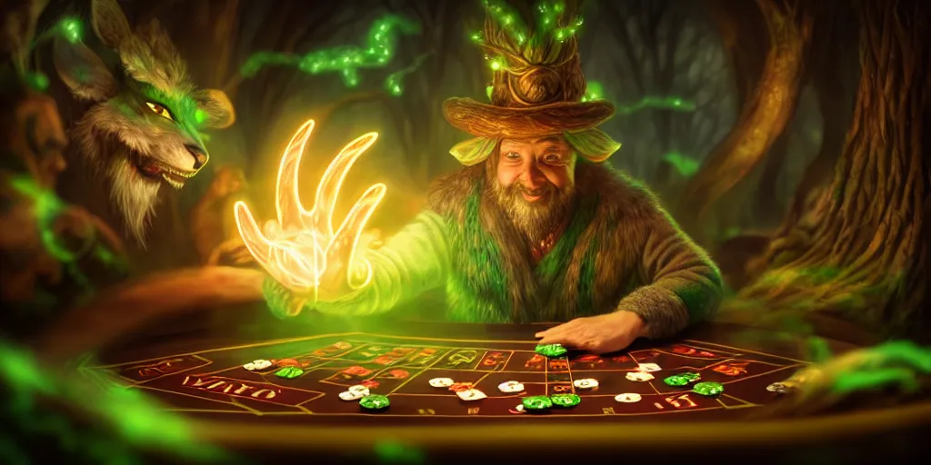 Prompt: a mythical, magical forest spirit wizard rolling d 6 casino dice, glowing energy, fantasy magic, by willian murai and jason chan and marco bucci, hyper detailed and realistic, illustration, sharp focus, cinematic, rule of thirds, foresthour