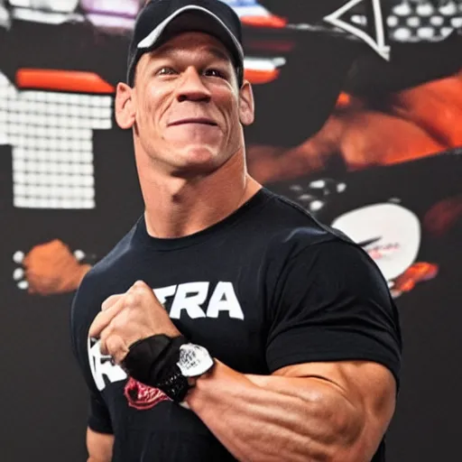 Image similar to john cena wearing montreal opus card merchandise