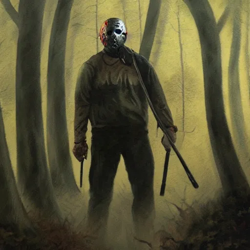 Prompt: A painting image of Jason Voorhees in the woods foggy very detail 4K quality super realistic