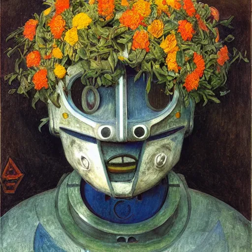 Image similar to a painting of a robot wearing a mask made of flowers, by annie swynnerton and diego rivera, symbolist, dramatic lighting, elaborate geometric ornament, art brut, soft cool colors, smooth, sharp focus, extremely detailed, adolf wolfli