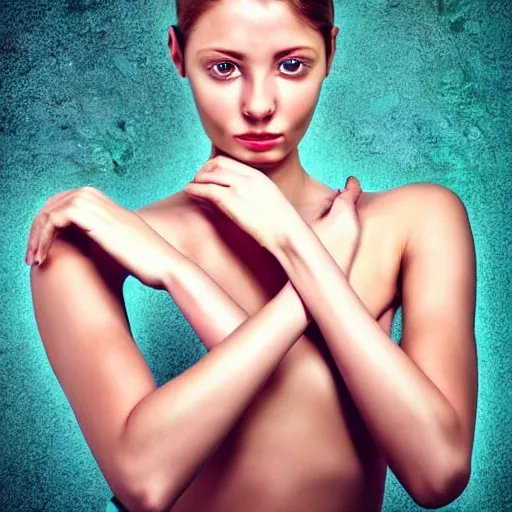 Image similar to striking digital photo of a beautiful four arms female model with an extra pair of arms and four hands. beautiful half - length portrait, cool background, photorealistic, surreal physiology