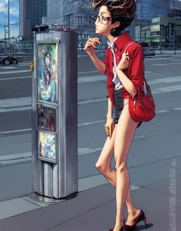 Prompt: portrait of a snobby rich mexican girl standing at a bus stop, by katsuhiro otomo, yoshitaka amano, nico tanigawa, and artgerm rendered with 3 d effect, sweet artpiece.