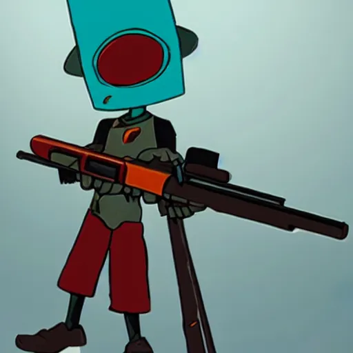 Prompt: canti from flcl anime holding a valorant style sniper rifle.